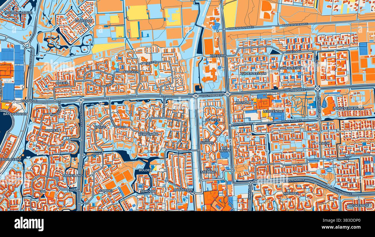 Mappa artistica colorata di Lelystad con etichette ed edifici con molti dettagli per strade urbane, sentieri e strade. Foto Stock