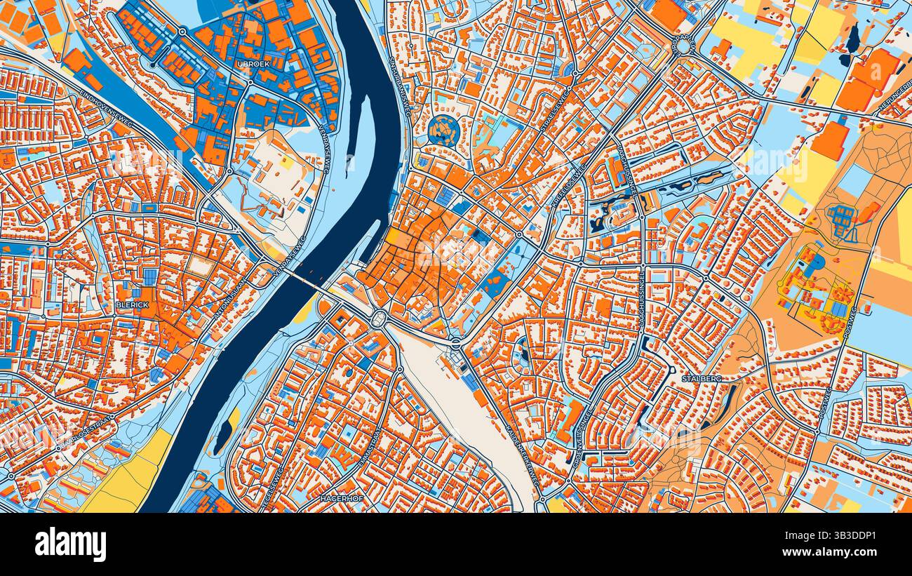 Mappa colorata dell'arte di Venlo con etichette ed edifici con molti dettagli per strade urbane, sentieri e strade. Foto Stock
