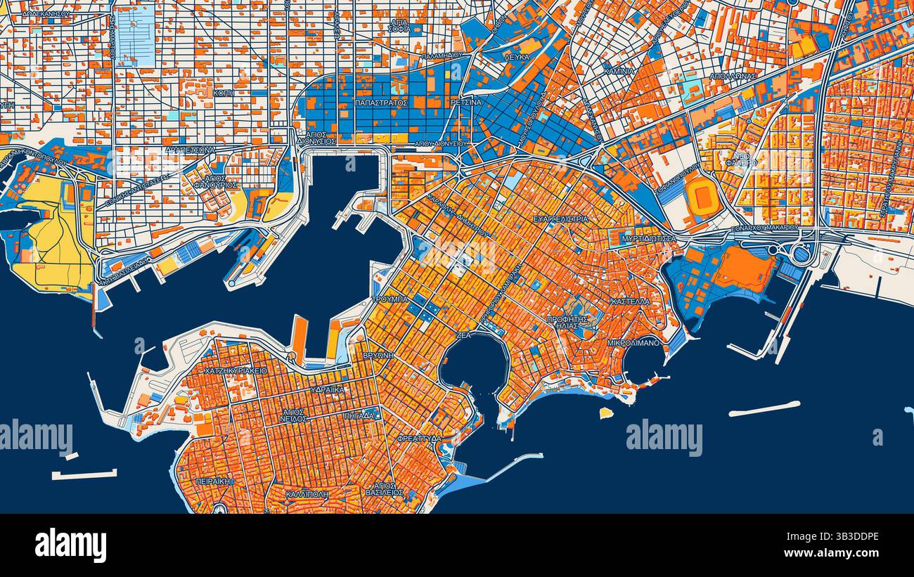 Mappa artistica colorata del Pireo con etichette ed edifici con molti dettagli per strade, sentieri e strade urbane. Foto Stock