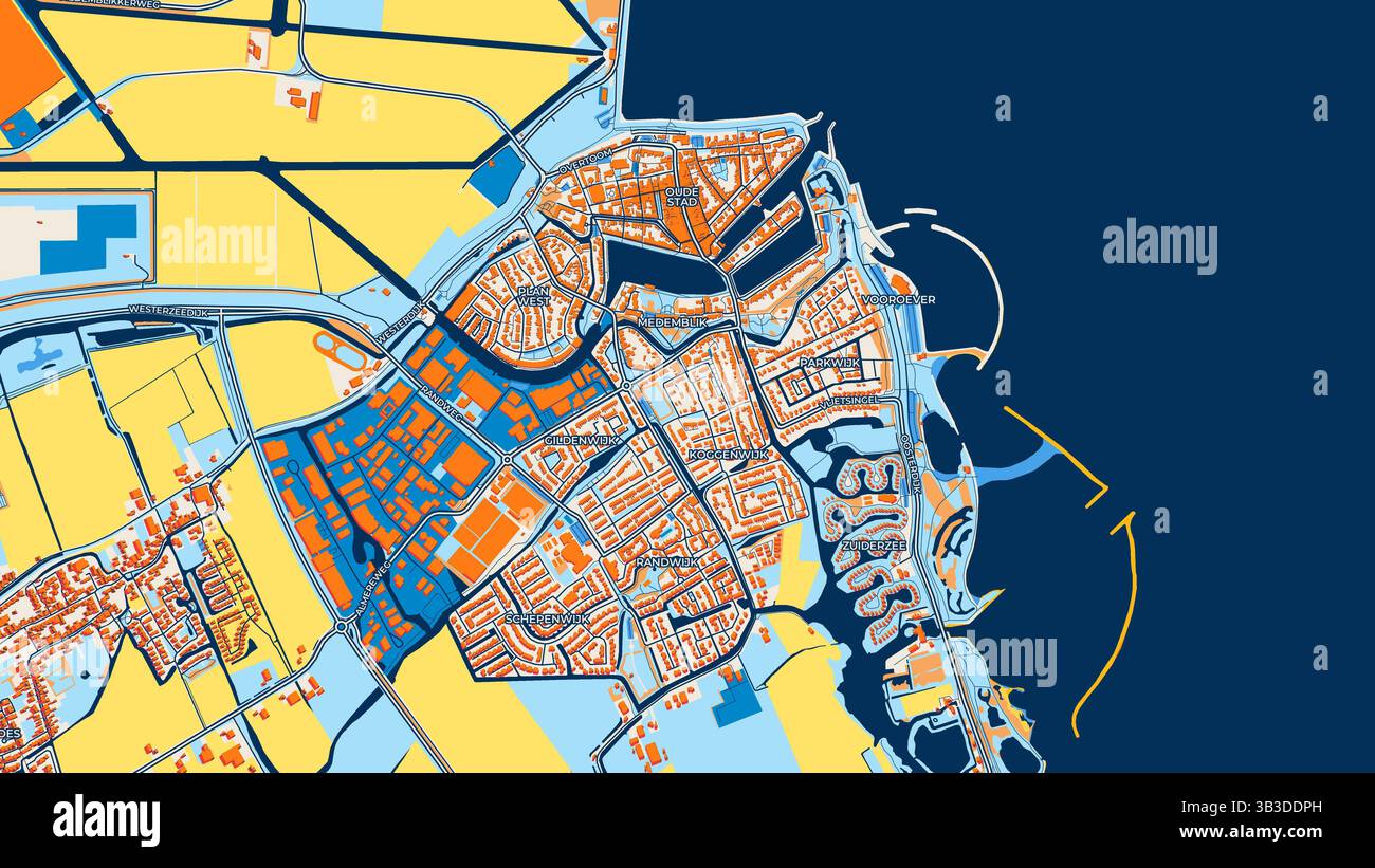 Mappa artistica colorata di Medemblik con etichette ed edifici con molti dettagli per strade urbane, sentieri e strade. Foto Stock