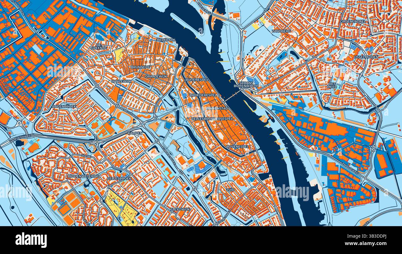 Mappa artistica colorata di Kampen con etichette ed edifici con molti dettagli per strade urbane, sentieri e strade. Foto Stock
