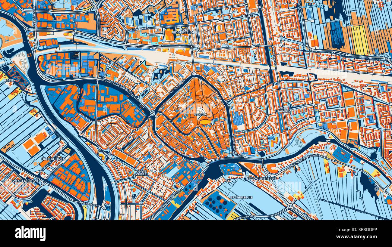 Mappa artistica colorata di Gouda con etichette ed edifici con molti dettagli per strade urbane, sentieri e strade. Foto Stock