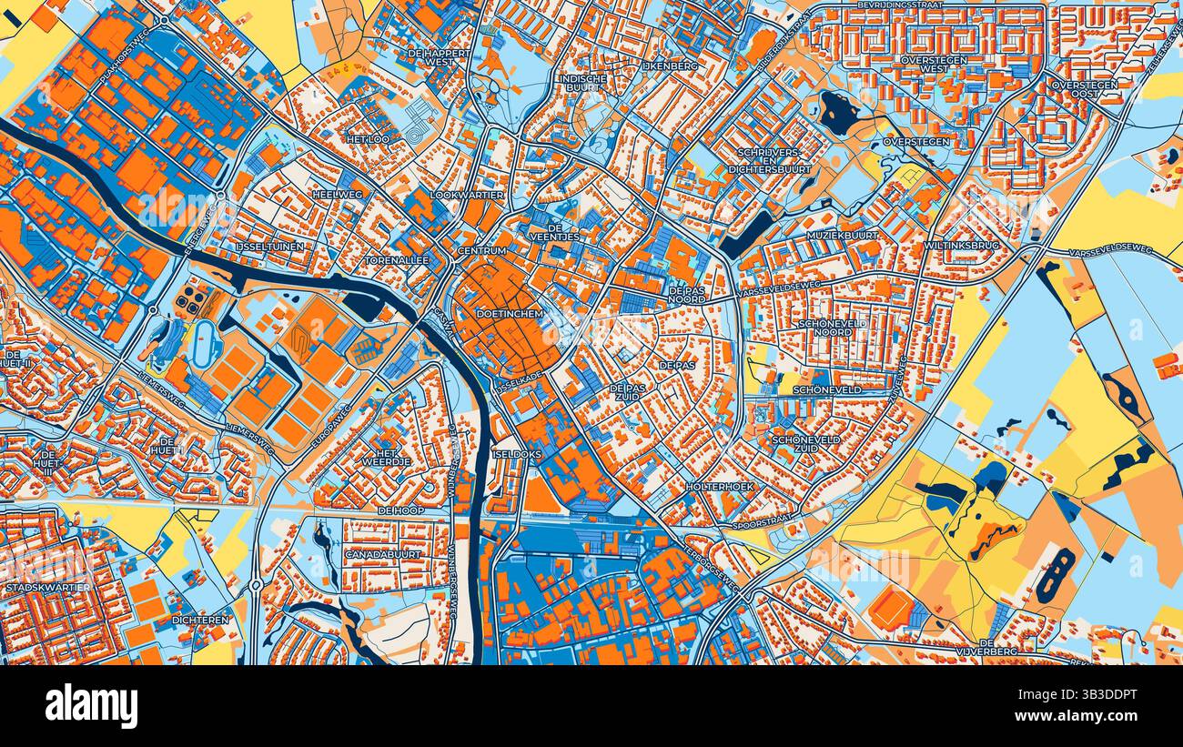 Colorata mappa artistica Doetinchem con etichette ed edifici con molti dettagli per strade urbane, sentieri e strade. Foto Stock