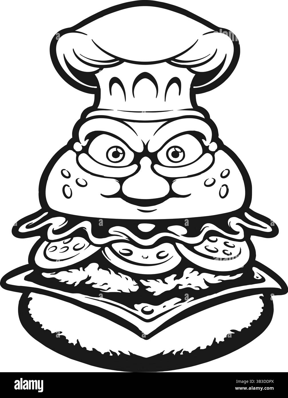 Angry Chef Hat Burger Mascot silhouette vettoriale illustrazioni per il logo del tuo lavoro, t-shirt di merchandising, adesivi ed etichette, poster, auto di benvenuto Illustrazione Vettoriale