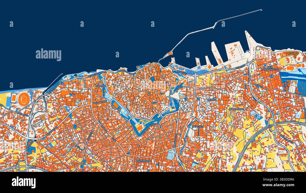 Mappa artistica colorata di Heraklion con etichette ed edifici con molti dettagli per strade, sentieri e strade urbane. Foto Stock