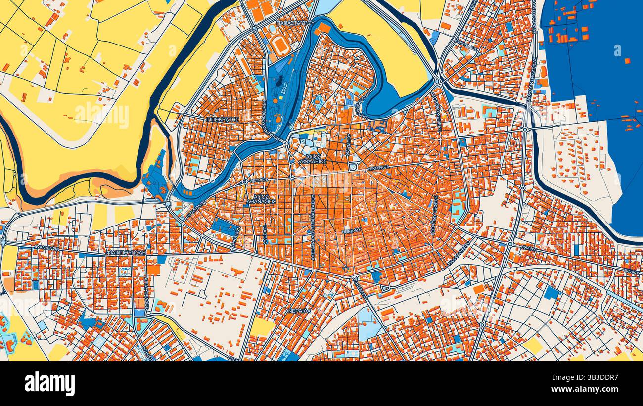 Mappa artistica colorata di Larissa con etichette ed edifici con molti dettagli per strade urbane, sentieri e strade. Foto Stock