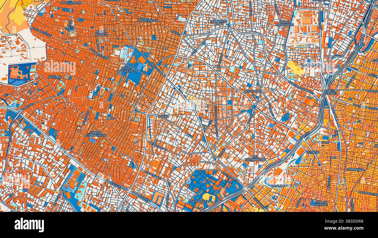 Mappa artistica colorata di Peristeri con etichette ed edifici con molti dettagli per strade urbane, sentieri e strade. Foto Stock
