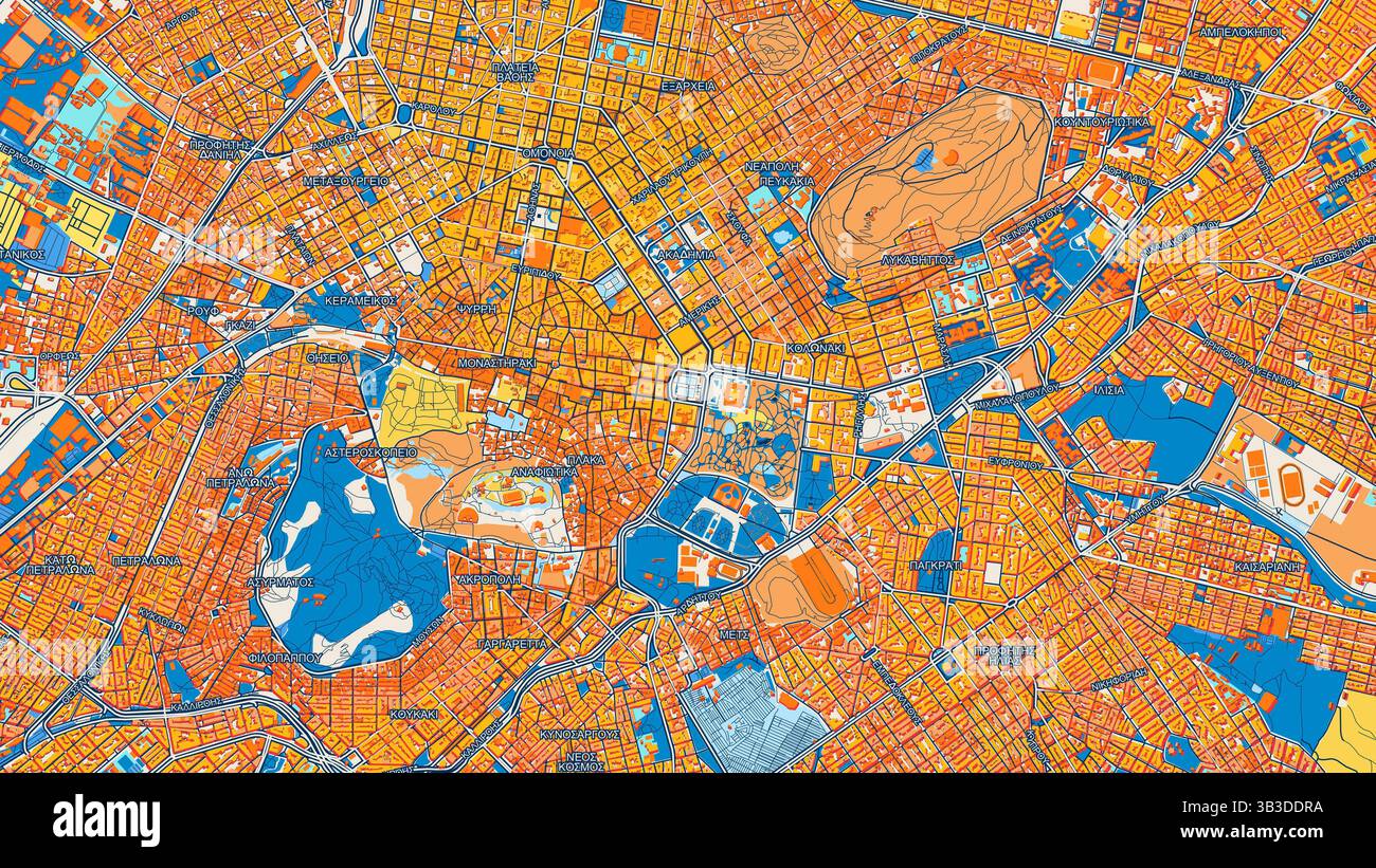 Mappa artistica colorata di Atene con etichette ed edifici con molti dettagli per strade urbane, sentieri e strade. Foto Stock