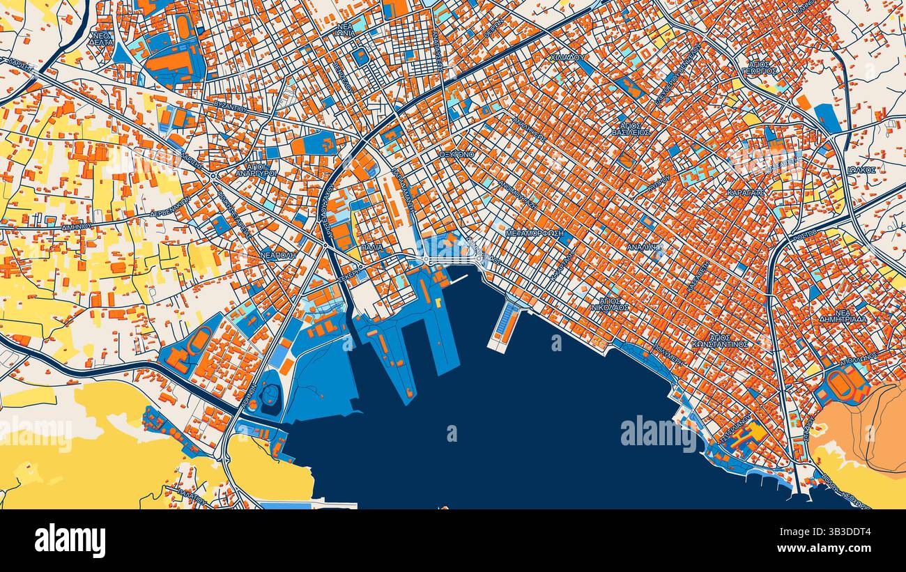 Mappa pittoresca di Volos con etichette ed edifici con molti dettagli per strade, sentieri e strade urbane. Foto Stock
