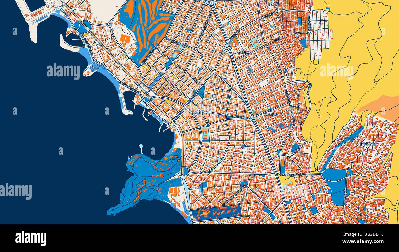 Mappa artistica colorata di Glyfada con etichette ed edifici con molti dettagli per strade urbane, sentieri e strade. Foto Stock
