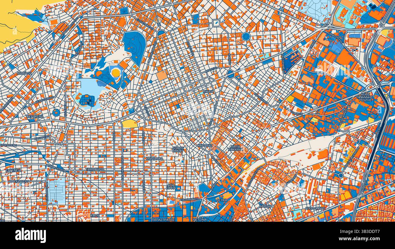 Mappa artistica Nikaia colorata con etichette ed edifici con molti dettagli per strade urbane, sentieri e strade. Foto Stock