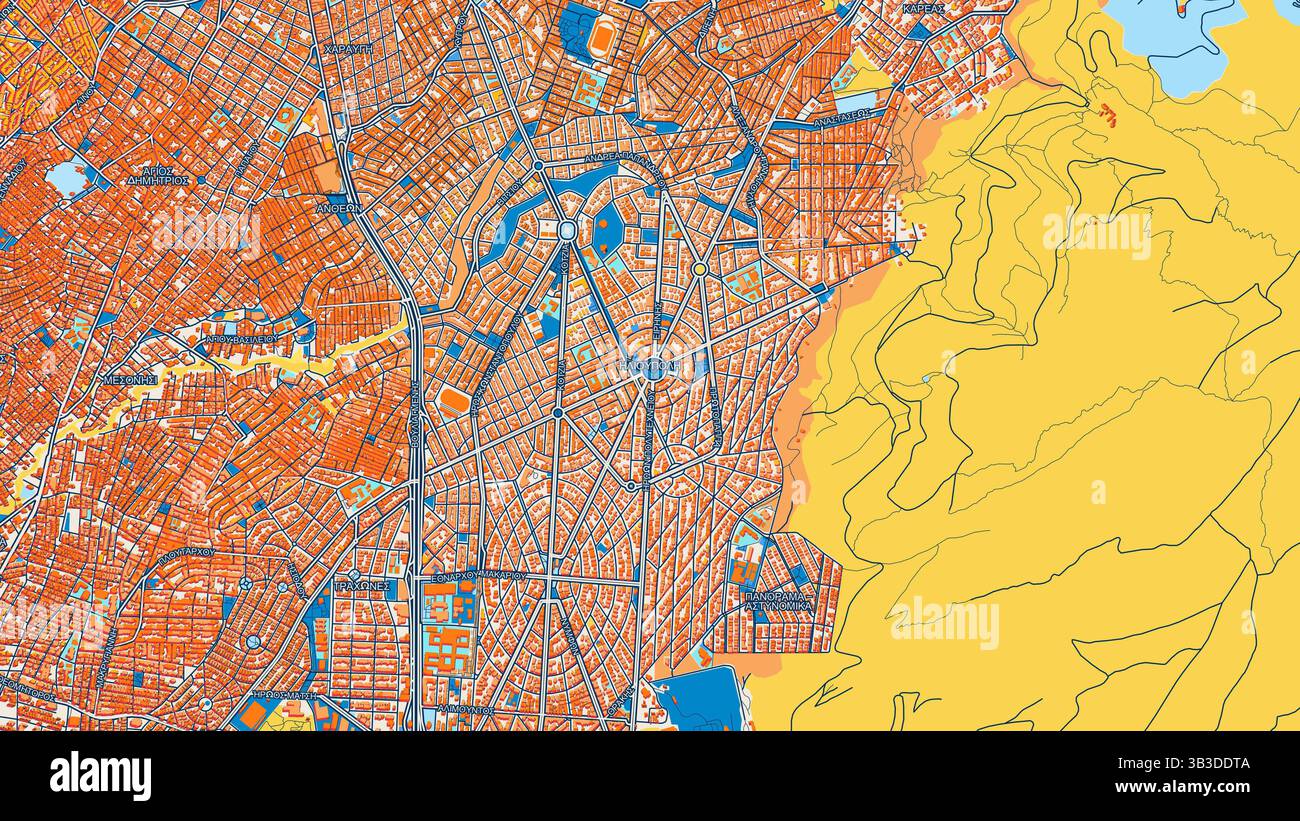 Mappa artistica colorata di Ilioupoli con etichette ed edifici con molti dettagli per strade, sentieri e strade urbane. Foto Stock