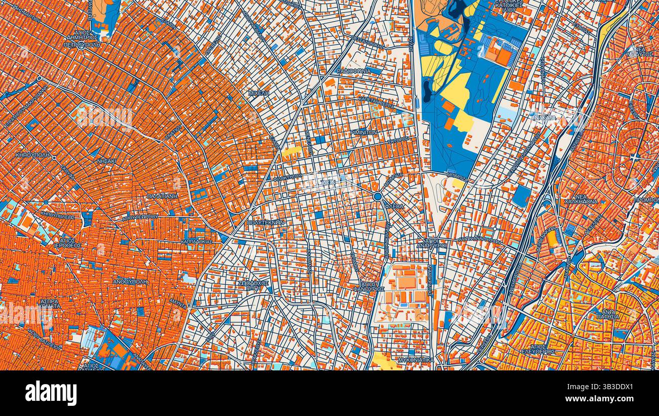 Colorata mappa artistica Ilio con etichette ed edifici con molti dettagli per strade urbane, sentieri e strade. Foto Stock