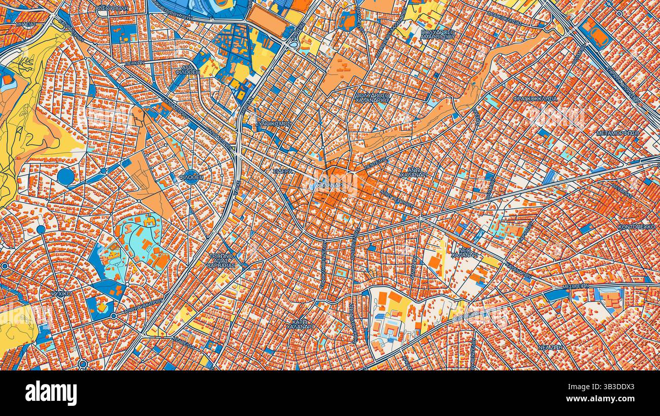 Mappa artistica colorata di Chalandri con etichette ed edifici con molti dettagli per strade urbane, sentieri e strade. Foto Stock