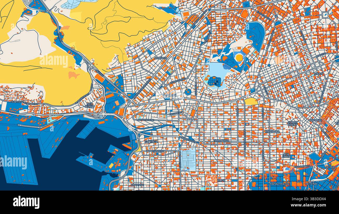 Mappa artistica colorata Keratsini con etichette ed edifici con molti dettagli per strade, sentieri e strade urbane. Foto Stock