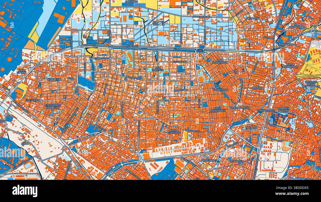 Mappa artistica colorata Evosmos con etichette ed edifici con molti dettagli per strade urbane, sentieri e strade. Foto Stock