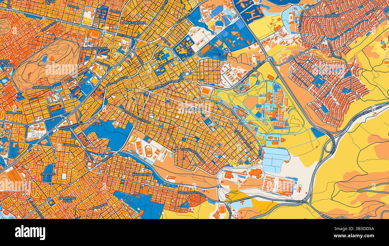 Mappa artistica colorata di Zografou con etichette ed edifici con molti dettagli per strade, sentieri e strade urbane. Foto Stock