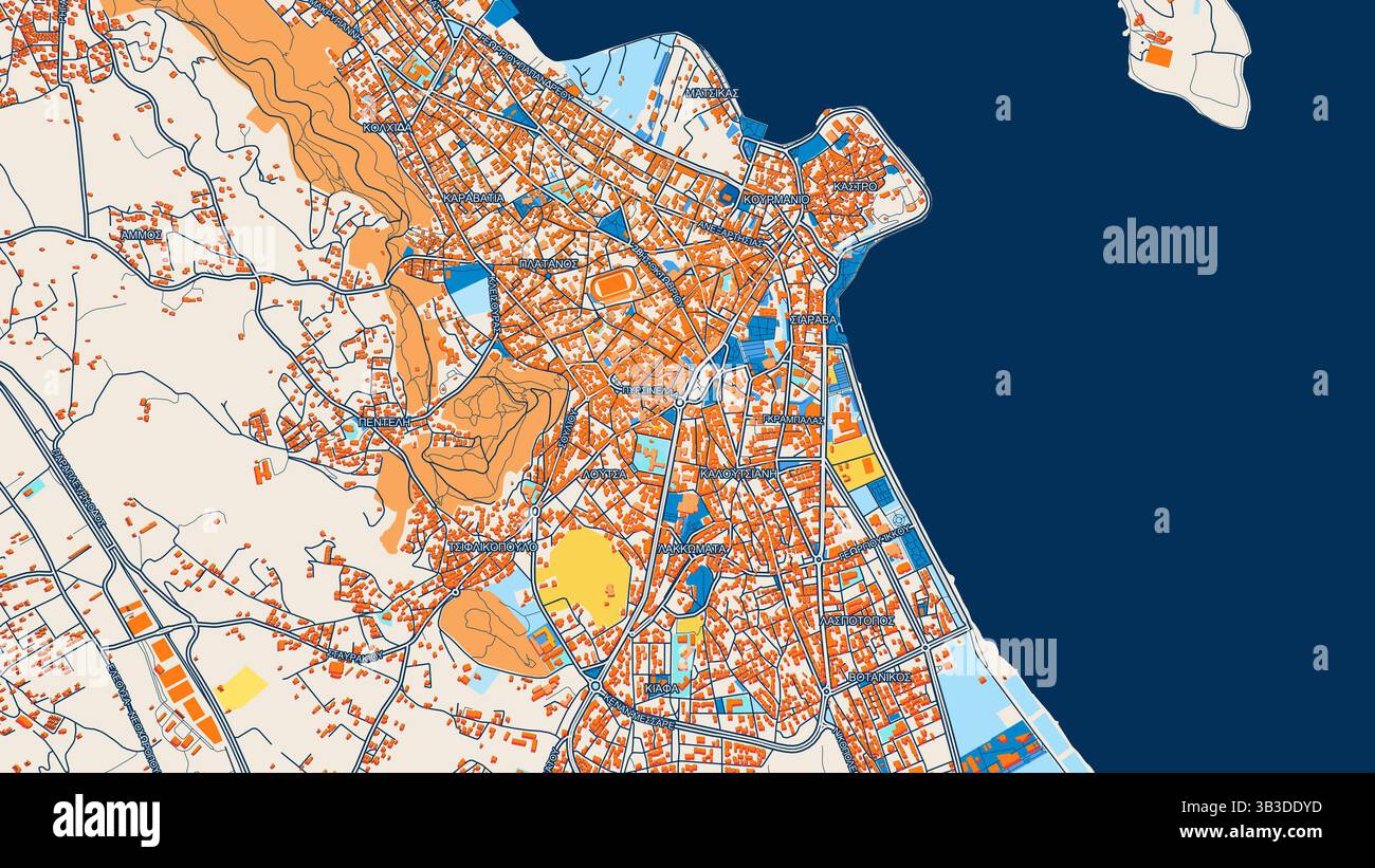 Mappa artistica colorata di Ioannina con etichette ed edifici con molti dettagli per strade urbane, sentieri e strade. Foto Stock
