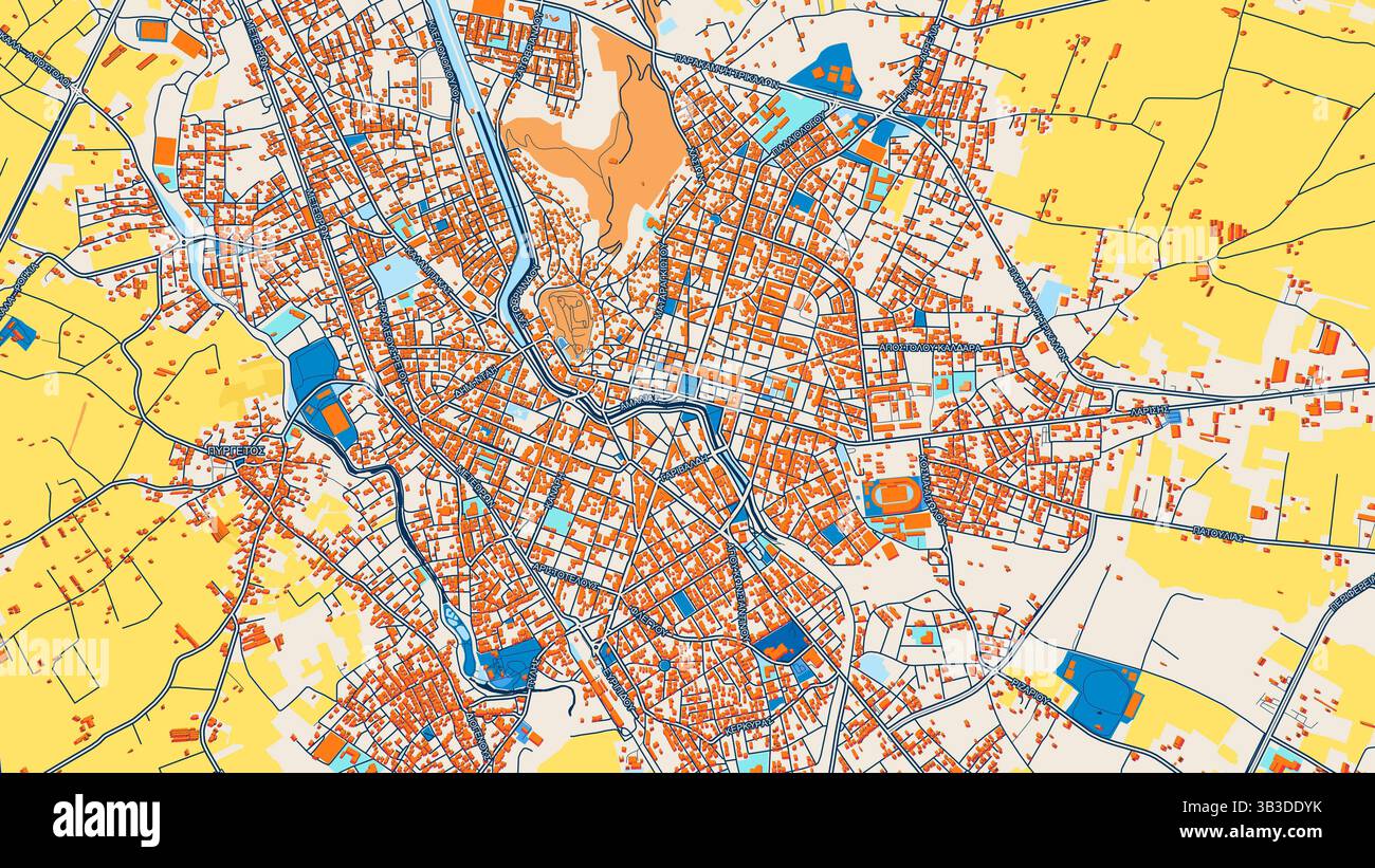 Mappa artistica colorata di Trikala con etichette ed edifici con molti dettagli per strade, sentieri e strade urbane. Foto Stock