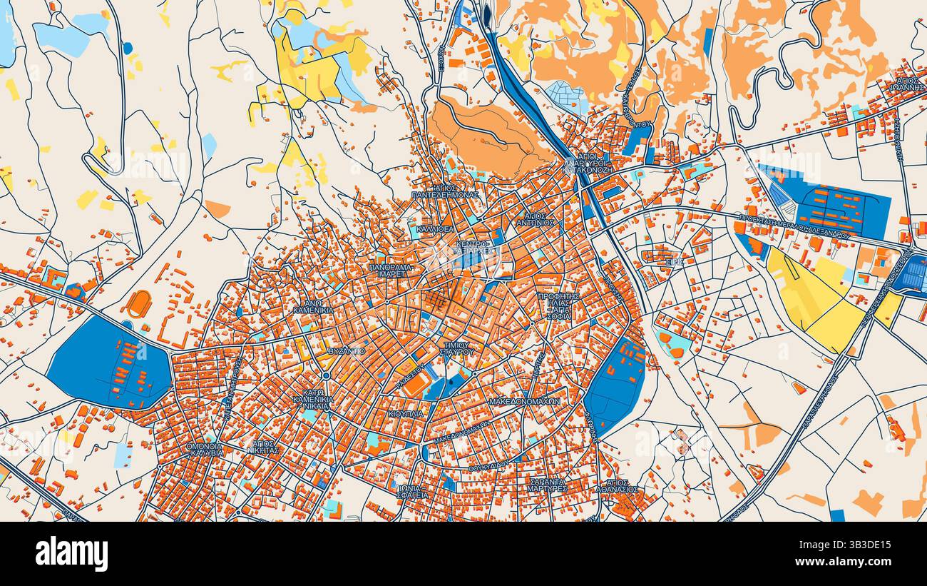 Mappa artistica colorata di Serres con etichette ed edifici con molti dettagli per strade, sentieri e strade urbane. Foto Stock