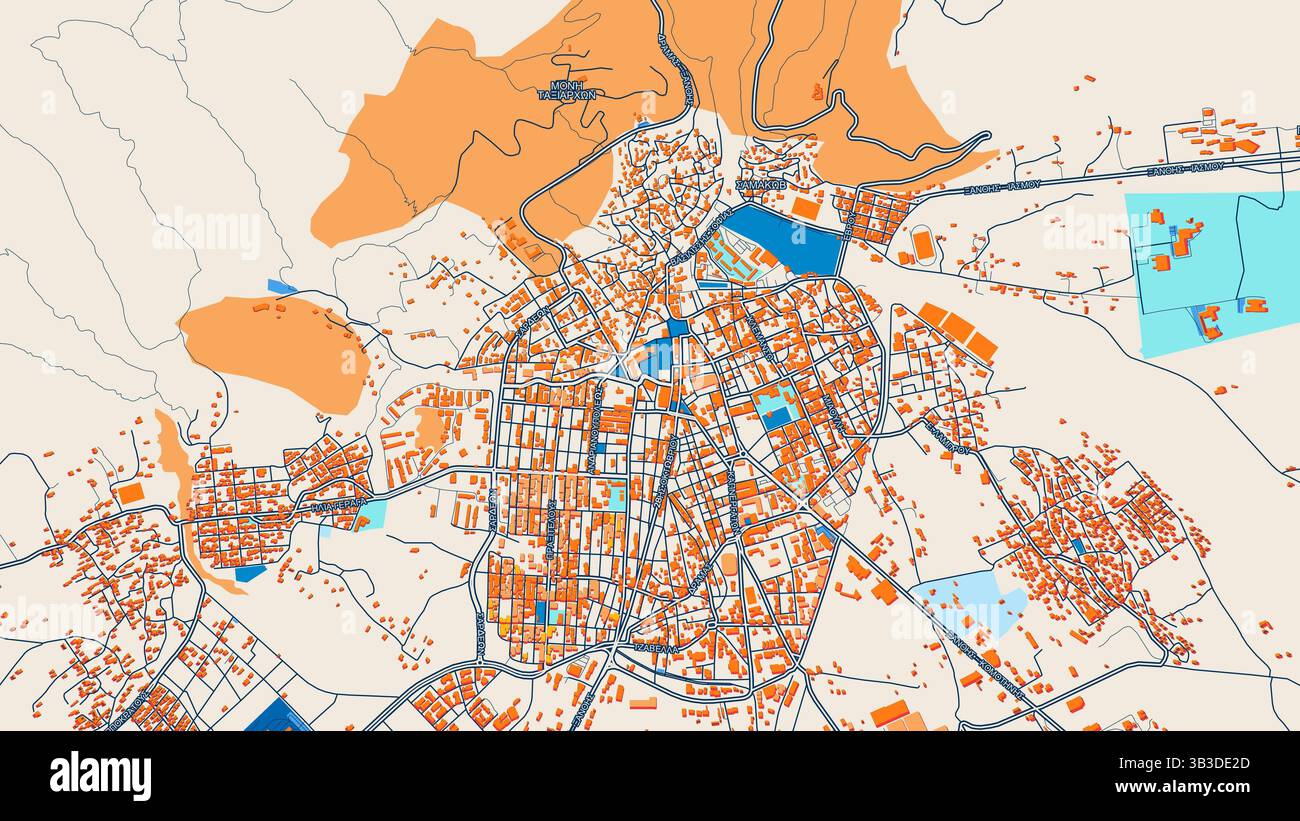 Colorata mappa artistica di Xanthi con etichette ed edifici con molti dettagli per strade urbane, sentieri e strade. Foto Stock
