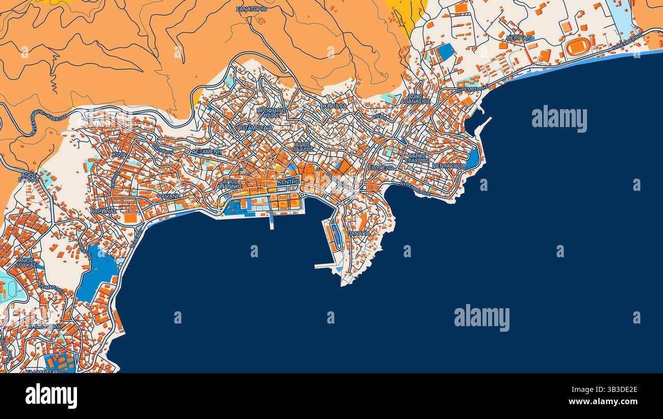 Mappa artistica colorata di Kavala con etichette ed edifici con molti dettagli per strade urbane, sentieri e strade. Foto Stock