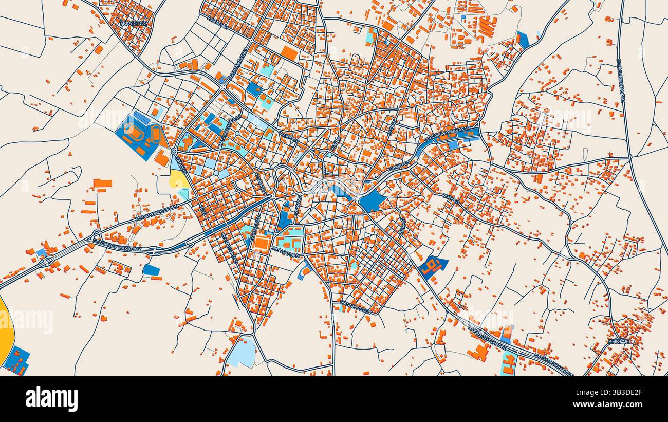 Colorata mappa artistica Komotini con etichette ed edifici con molti dettagli per strade urbane, sentieri e strade. Foto Stock