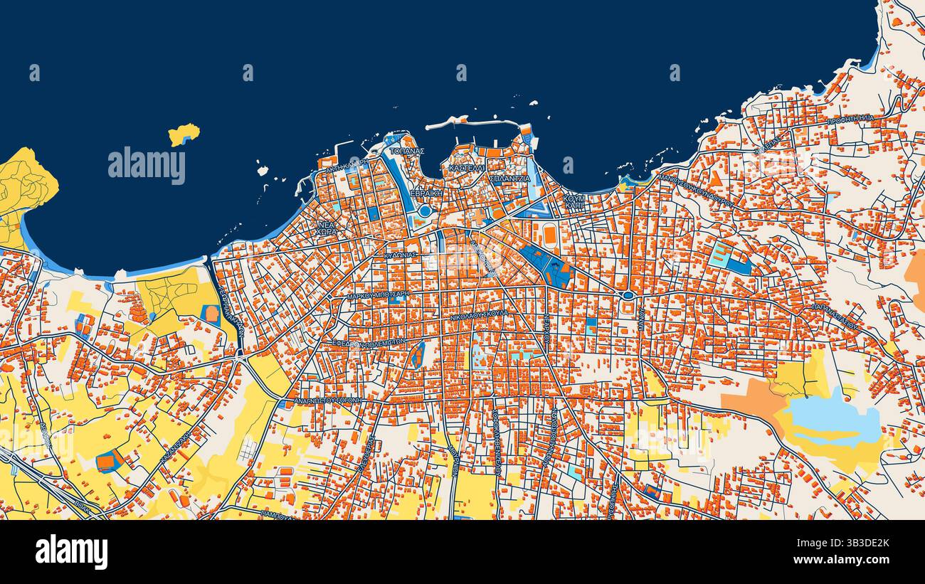 Colorata mappa artistica di Chania con etichette ed edifici con molti dettagli per strade urbane, sentieri e strade. Foto Stock