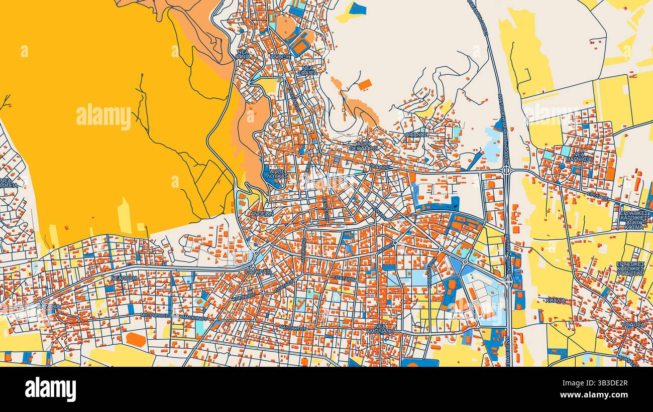 Colorata mappa artistica Lamia con etichette ed edifici con molti dettagli per strade urbane, sentieri e strade. Foto Stock