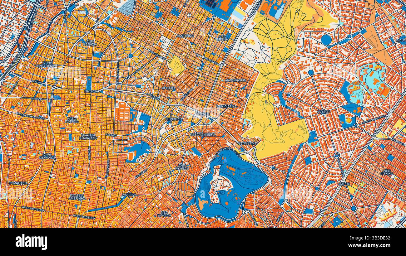 Mappa artistica colorata di Galatsi con etichette ed edifici con molti dettagli per strade urbane, sentieri e strade. Foto Stock
