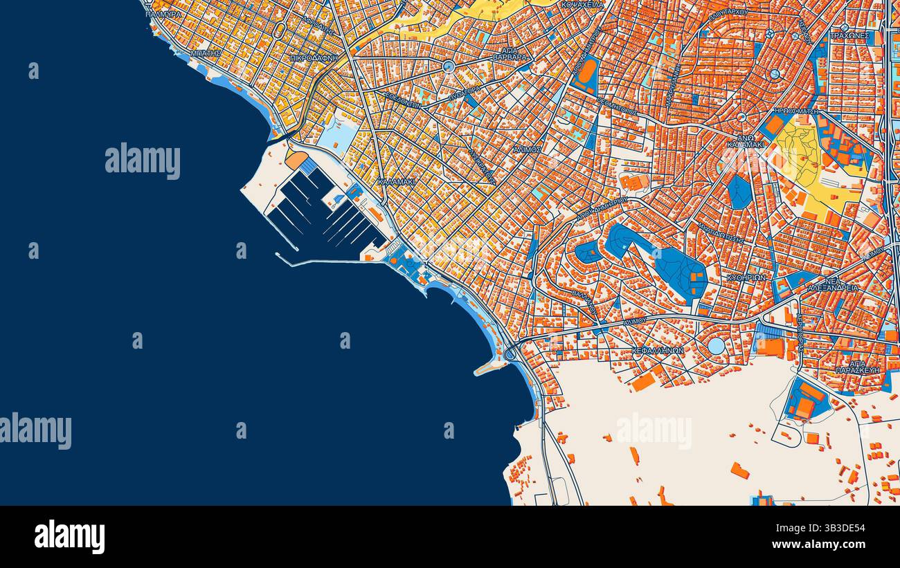 Mappa artistica colorata Alimos con etichette ed edifici con molti dettagli per strade urbane, sentieri e strade. Foto Stock