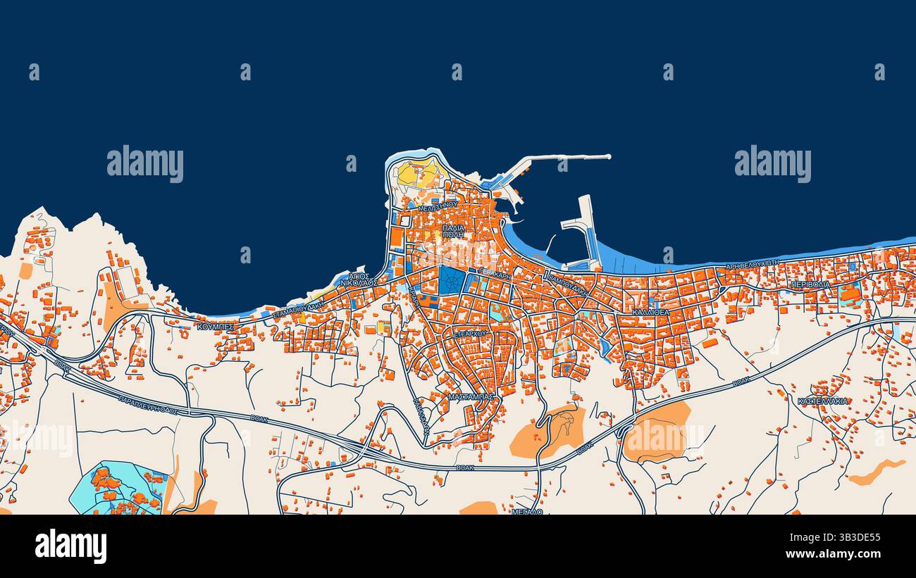 Mappa artistica colorata di Rethymno con etichette ed edifici con molti dettagli per strade, sentieri e strade urbane. Foto Stock