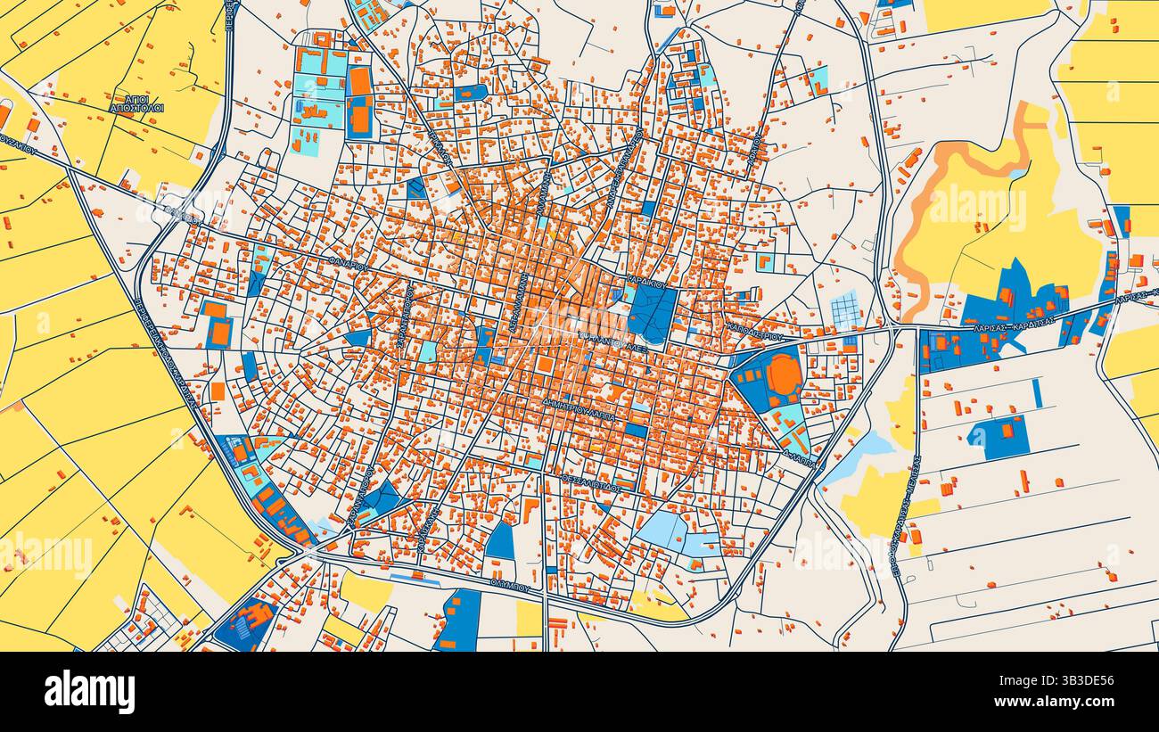 Mappa artistica colorata di Karditsa con etichette ed edifici con molti dettagli per strade urbane, sentieri e strade. Foto Stock