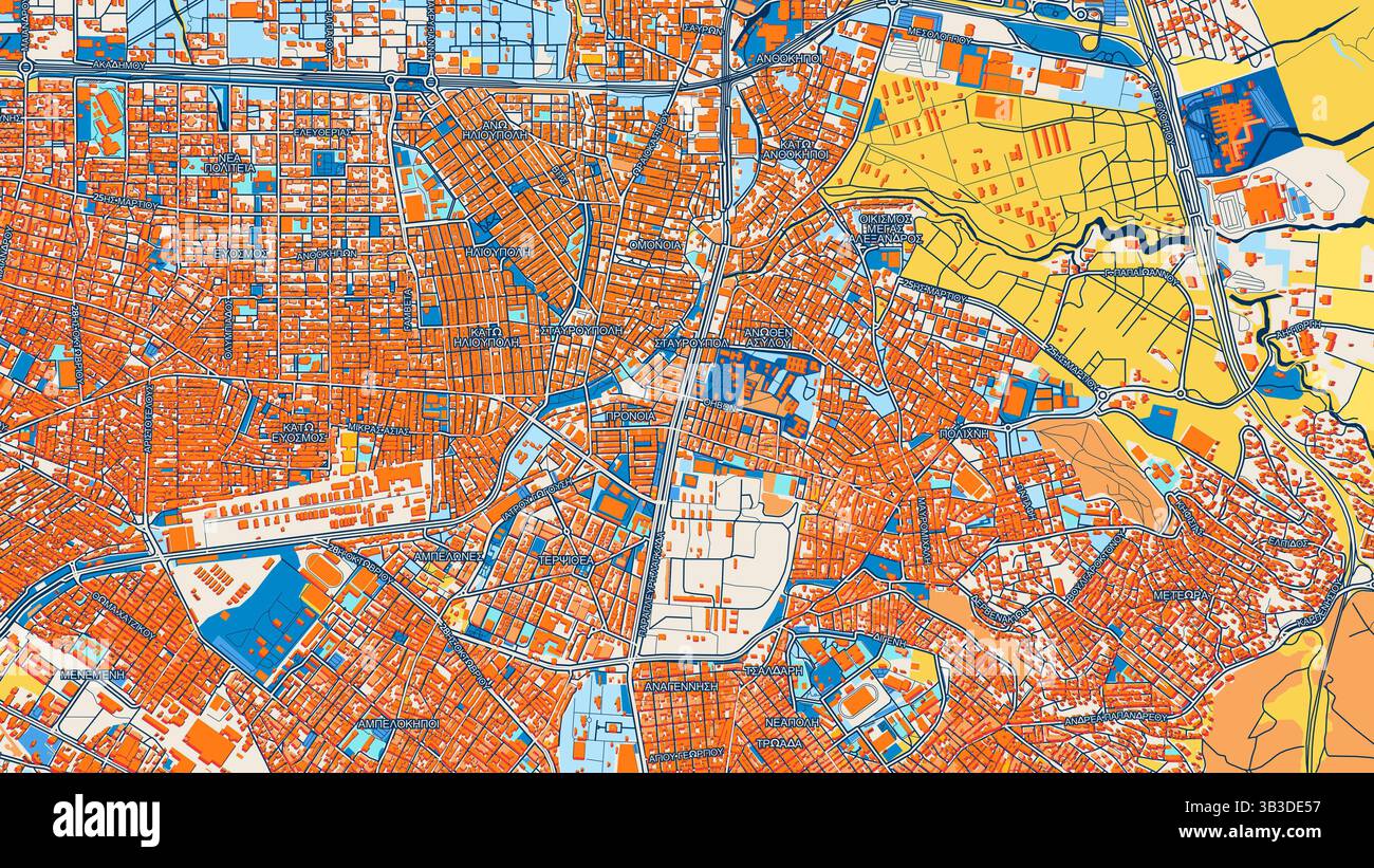 Mappa artistica colorata di Stavroupoli con etichette ed edifici con molti dettagli per strade urbane, sentieri e strade. Foto Stock
