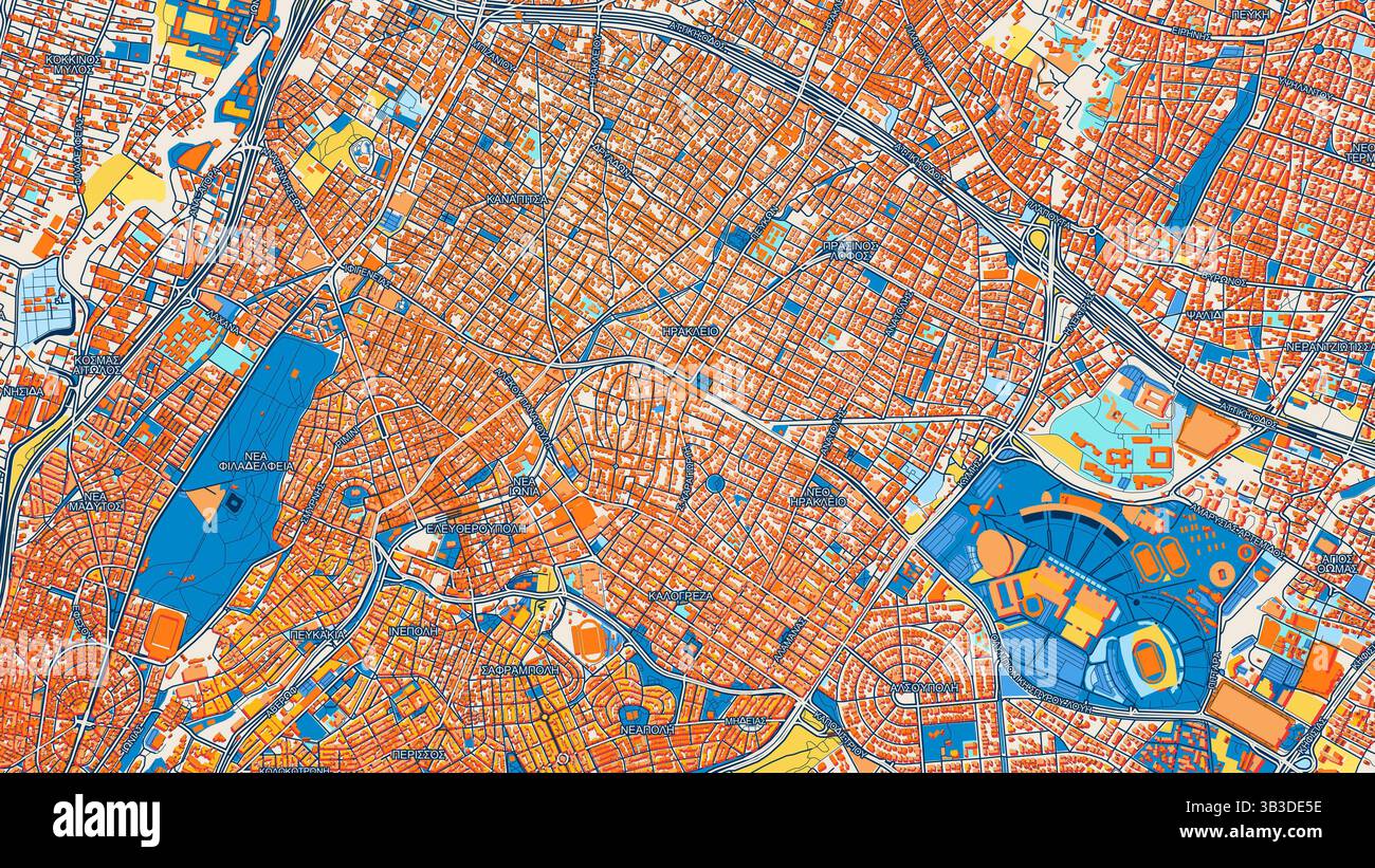 Mappa artistica colorata di Irakleio con etichette ed edifici con molti dettagli per strade, sentieri e strade urbane. Foto Stock