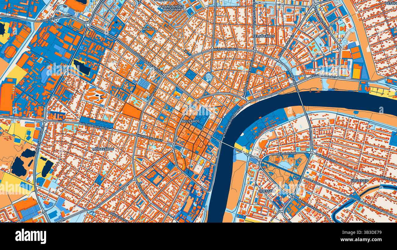 Mappa artistica colorata di Seghedino con etichette ed edifici con molti dettagli per strade urbane, sentieri e strade. Foto Stock