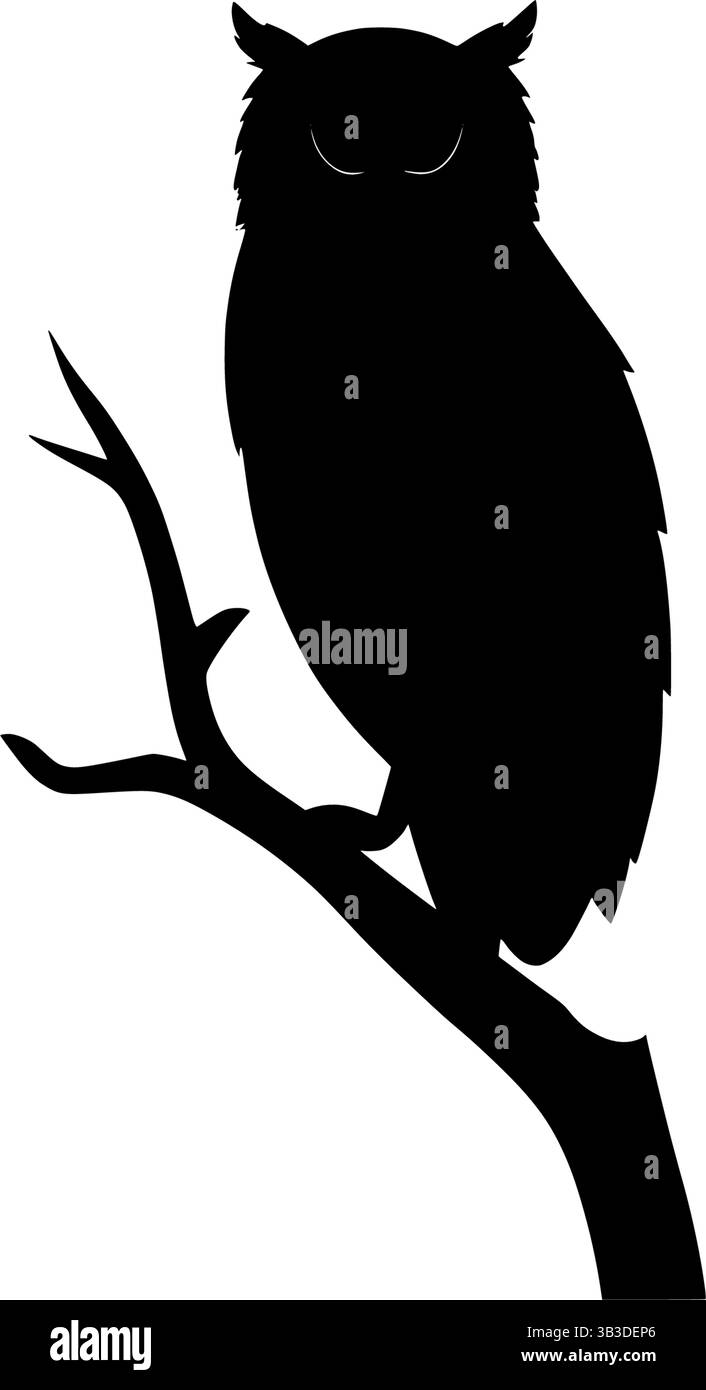 Immagine vettoriale della silhouette del gufo appollaiata sull'arte notturna della fauna selvatica di uccelli rami Illustrazione Vettoriale