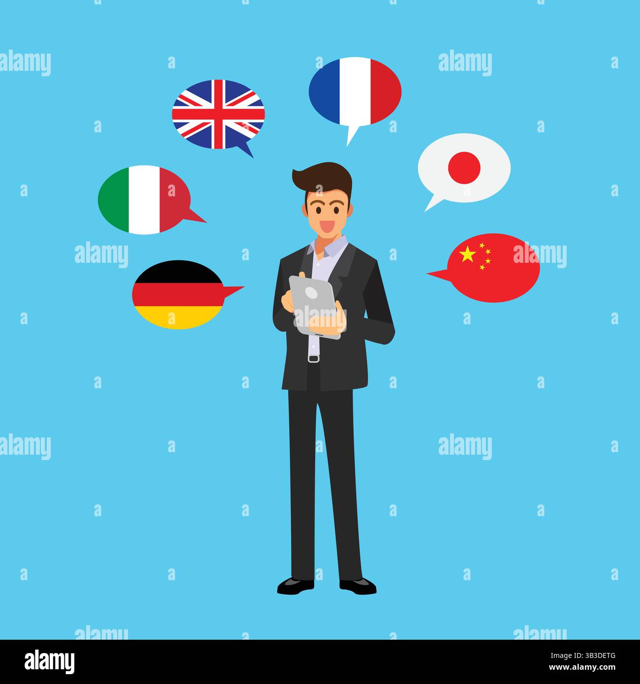 Uomo d'affari che parla molte lingue diverse. Illustrazione del concetto di traduttore multilingue. Illustrazione vettoriale Illustrazione Vettoriale