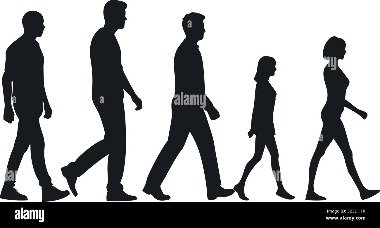 Silhouette di uomini e donne diversi che camminano – Urban Vector Art minimalista nella vista profilo Illustrazione Vettoriale
