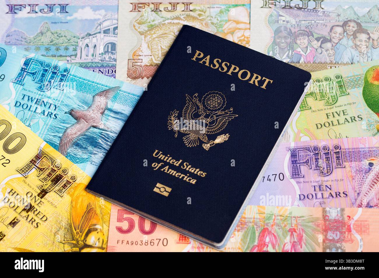 Passaporto americano in denaro figiano - dollaro Foto Stock