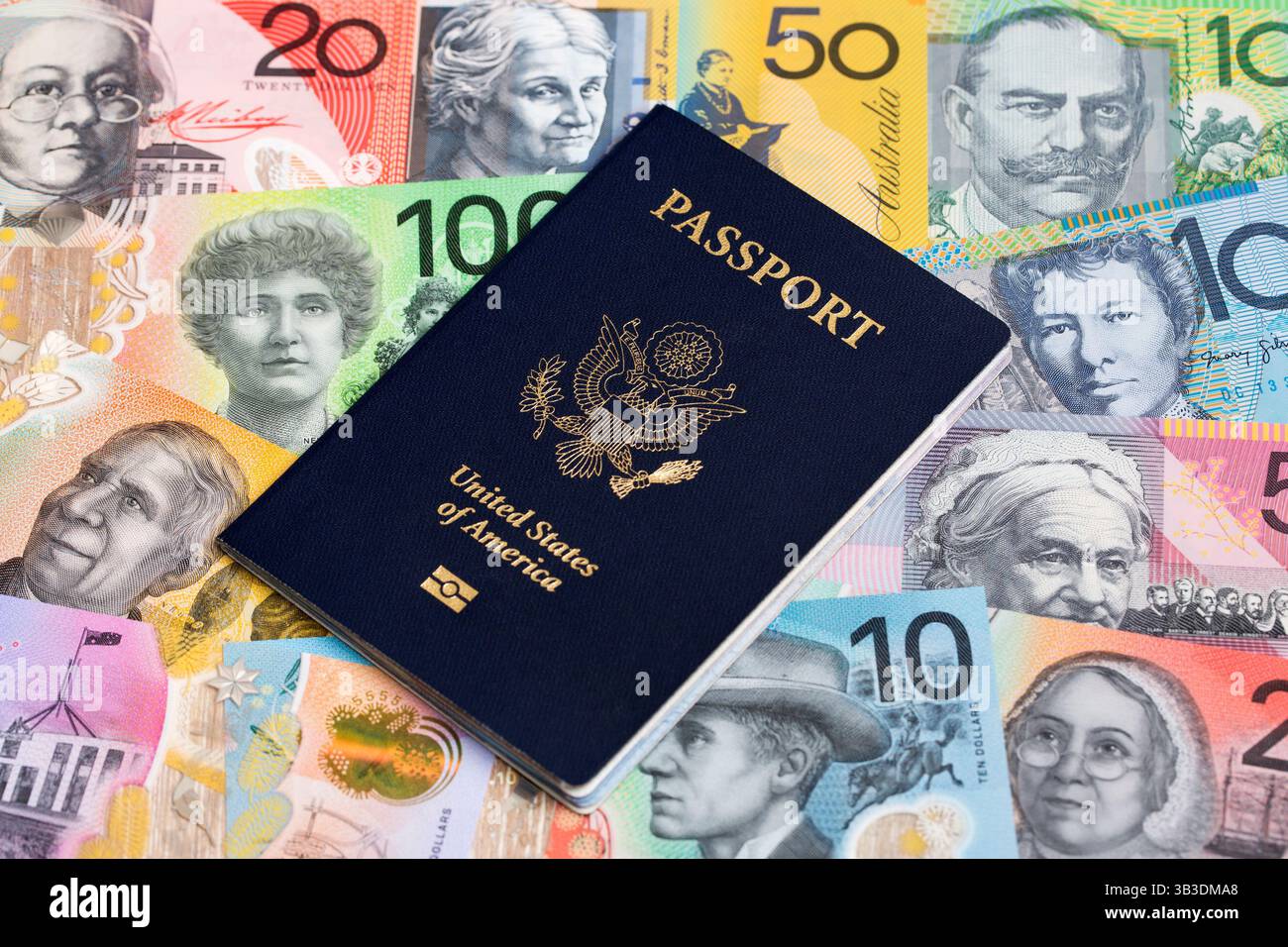 Passaporto americano in denaro australiano - dollaro Foto Stock
