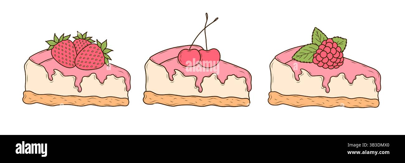 Set di cheesecake con fragole, ciliegie e lamponi. Illustrazioni vettoriali isolate per poster, banner, cartoline, pubblicità, menu, pacchetto Illustrazione Vettoriale Set di cheesecake con fragole, ciliegie e lamponi. Illustrazioni vettoriali isolate per poster, banner, cartoline, pubblicità, menu, pacchetto Illustrazione Vettoriale