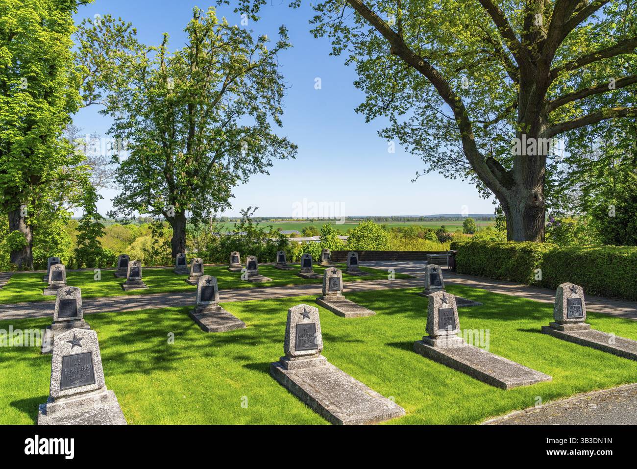 Campo con tombe di soldati dell'Armata Rossa sovietica al Seelow Heights Memorial alla Battaglia della seconda guerra mondiale, Seelow, Maerkisch-Oderland Foto Stock