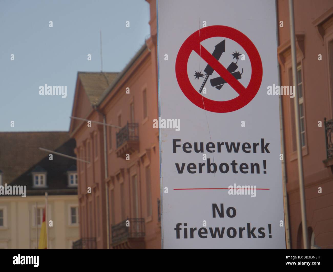 Esposizioni all'aperto con "No Fireworks", "Feuerwerk verboten!" Cartelli su una strada pubblica, Karlsruhe Foto Stock