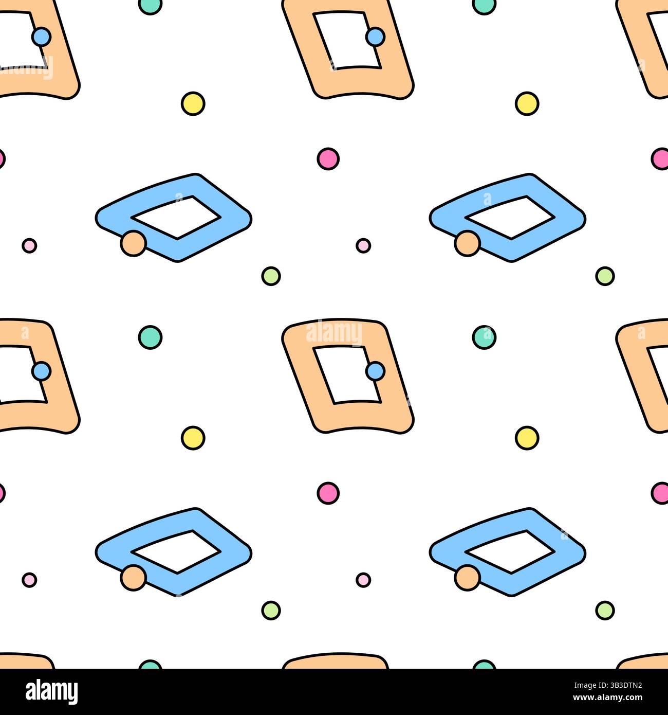 Disegno astratto senza cuciture geometrico a forma di doodle con rombo colorato, quadrati e punti sparsi - coriandoli - su sfondo bianco. Perfetto per infermiere Illustrazione Vettoriale