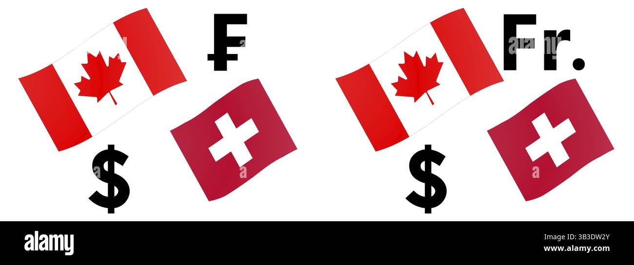 Illustrazione vettoriale della coppia di valute forex CADCHF. Bandiera del Canada e della Svizzera, con il simbolo del dollaro e del franco Foto Stock