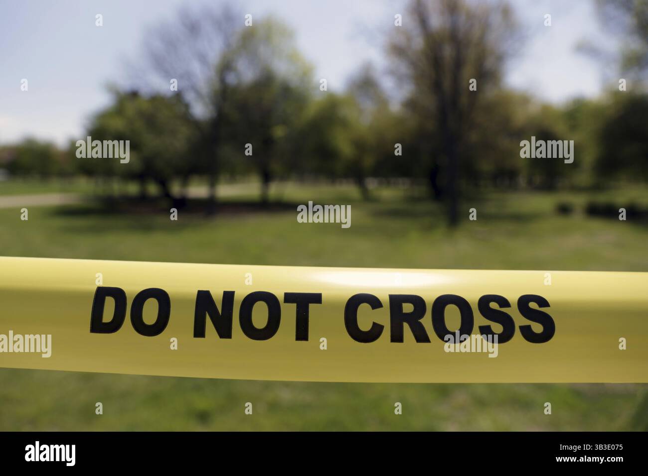 Non incrociare il nastro della polizia è visto in un parco con alberi Foto Stock