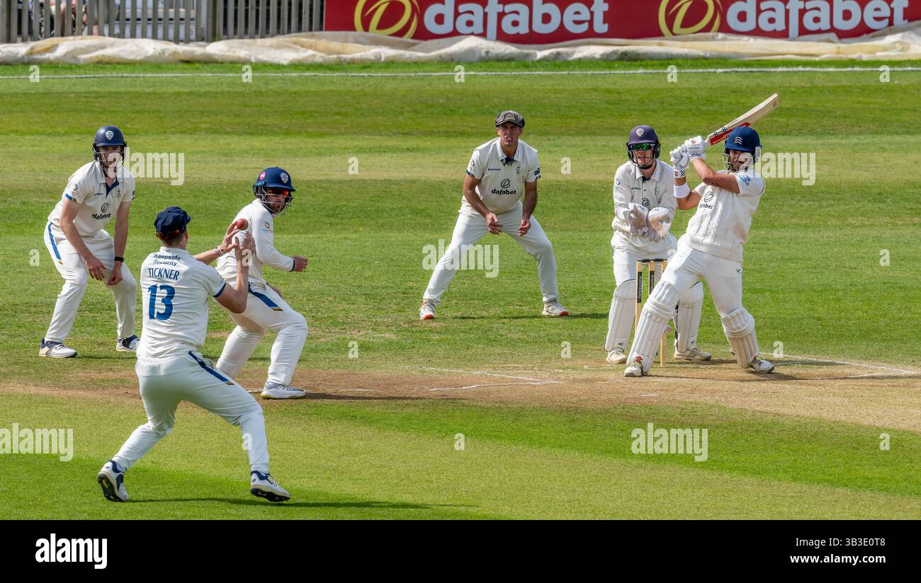 Max Holden in battuta per il Middlesex colpisce Blair Tickner in una partita di Rothesay County Championship Division 2 contro il Derbyshire. Foto Stock