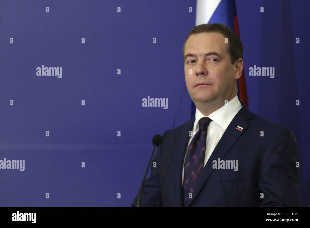 Sofia, Bulgaria - 4 marzo 2019: Il primo ministro russo Dmitry Medvedev partecipa a una conferenza stampa dopo aver incontrato il suo omologo bulgaro Foto Stock