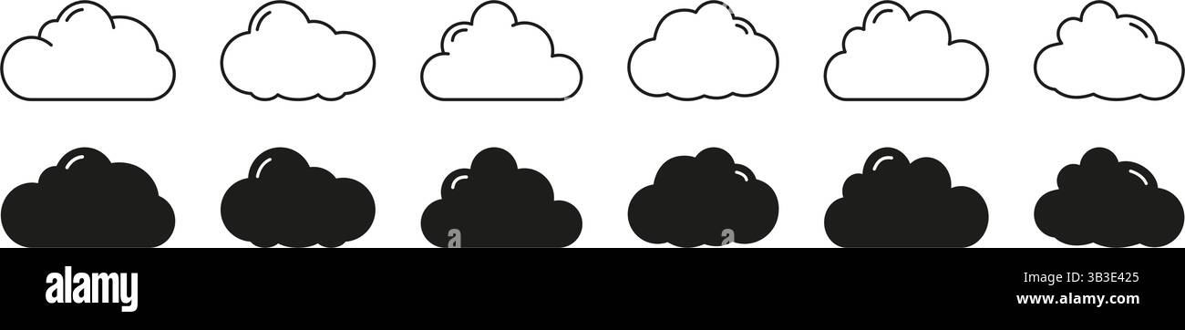 Set di icone continue e linea previsioni meteo cloud. Concetti meteorologici con raccolta dei simboli delle previsioni meteorologiche delle nuvole. Illustrazione vettoriale isolata Illustrazione Vettoriale
